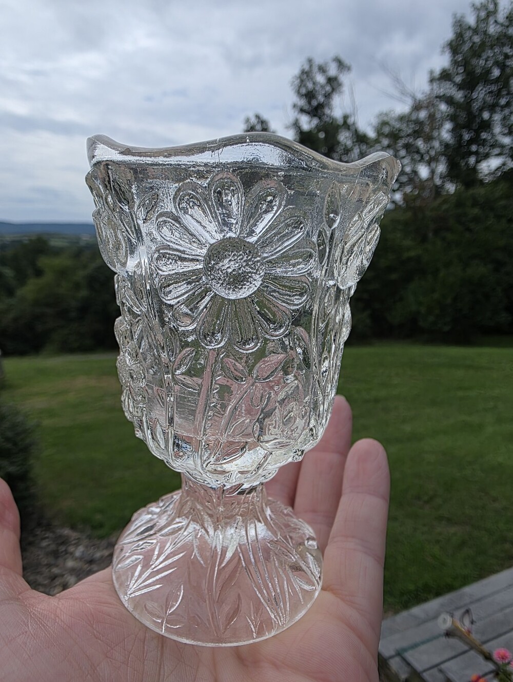 Clear Pressed Glass Pedestal Vase Embossed Daisy and Foliage Pattern Scalloped